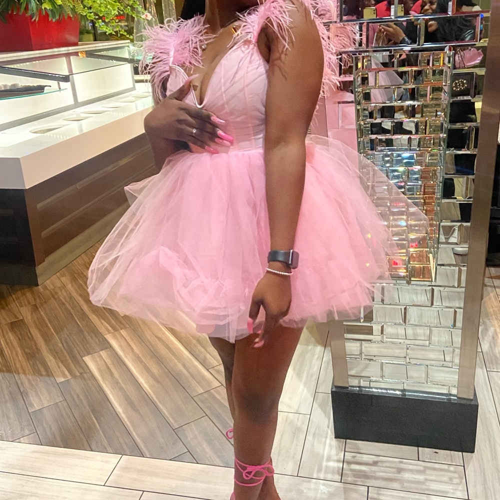 Pink Tulle Dress with Feathers On Shoulders